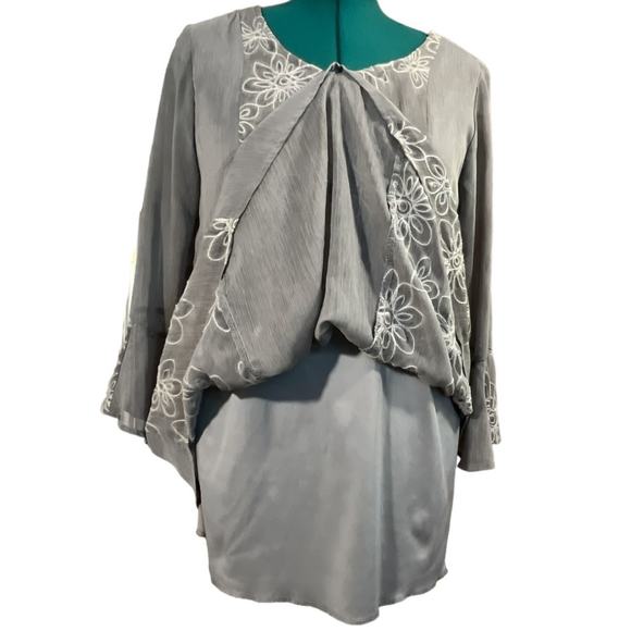 CalStyle Embroidered Peasant Top Mini Dress Tunic Top 3/4 Bell Sleeves Size L - Picture 5 of 16